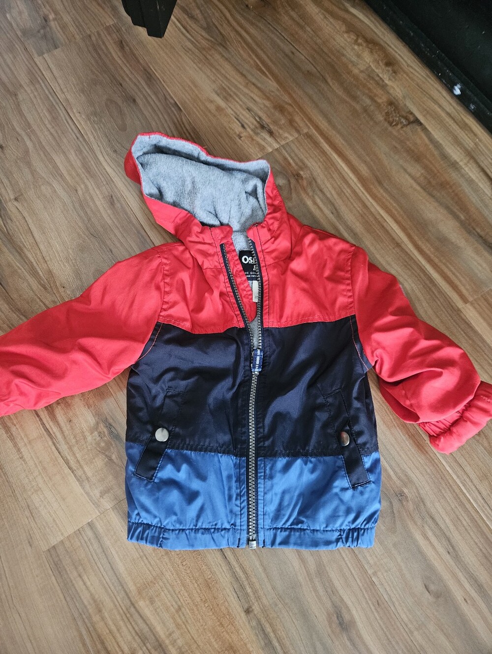 OshKosh B'gosh Tri-Color Hooded Puffer Jacket - Red/Navy/Blue 12 Month